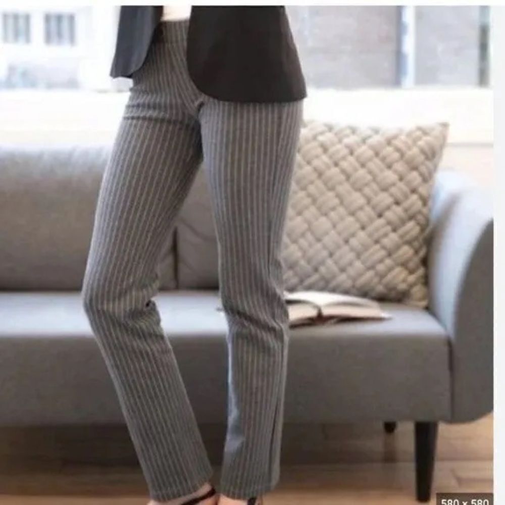 Betabrand Slim Straight Pullover Pinstripe Pants - Gray & White